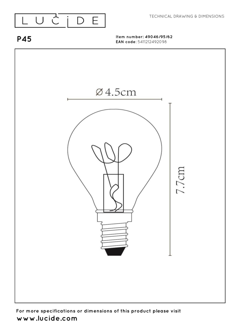 Lucide P45 - Filament bulb - Ø 4,5 cm - E14 - 1x3W 2200K - Amber